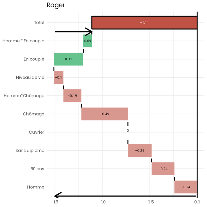 Diagramme des effets des aspects socio-démographiques sur le sentiment de sens dans le cas de Roger. Les principaux éléments sont décrits dans le texte.